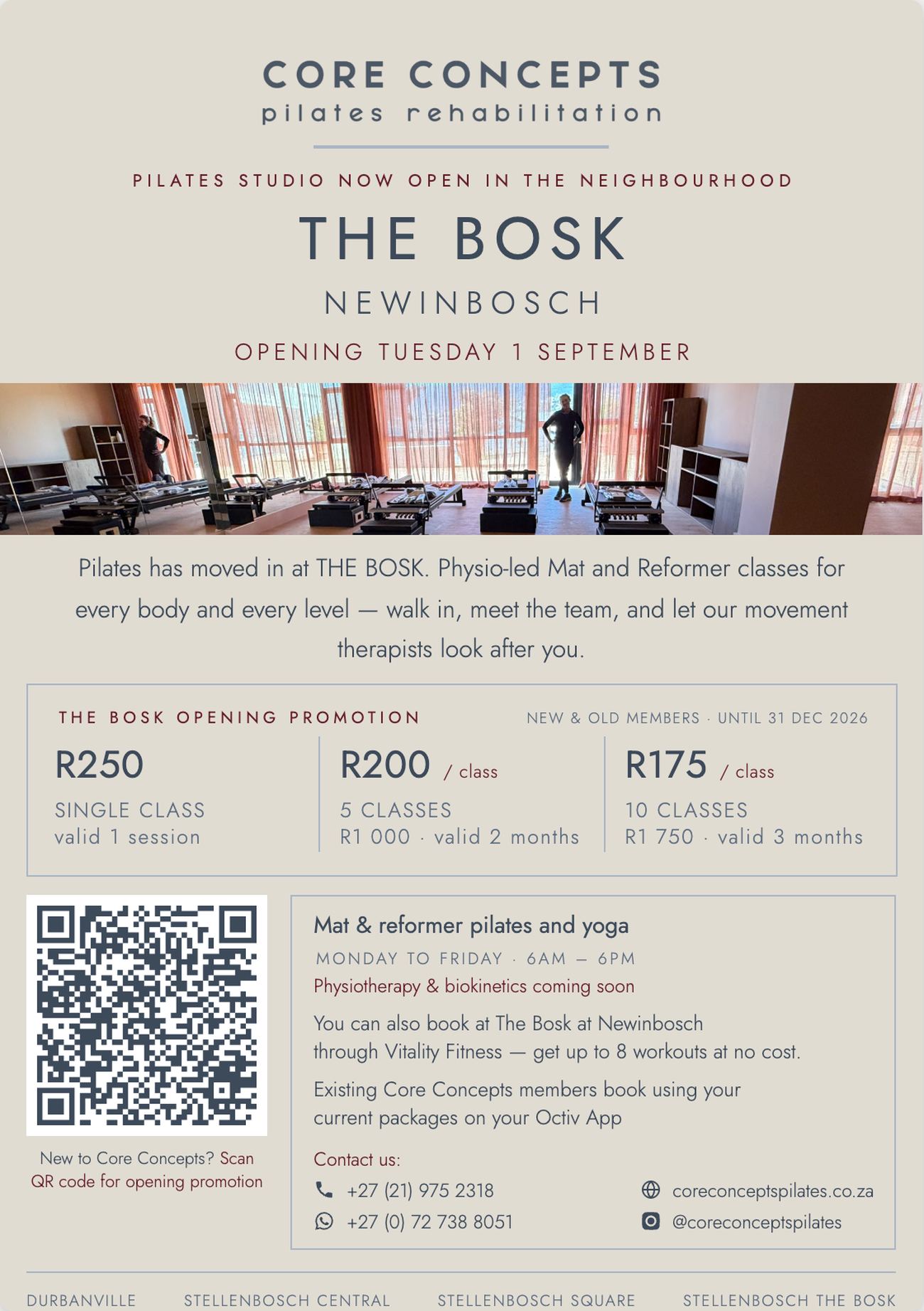 Core Concepts Pilates studio now open at The Bosk, Newinbosch, from Tuesday 1 September, with opening promotion rates and class times